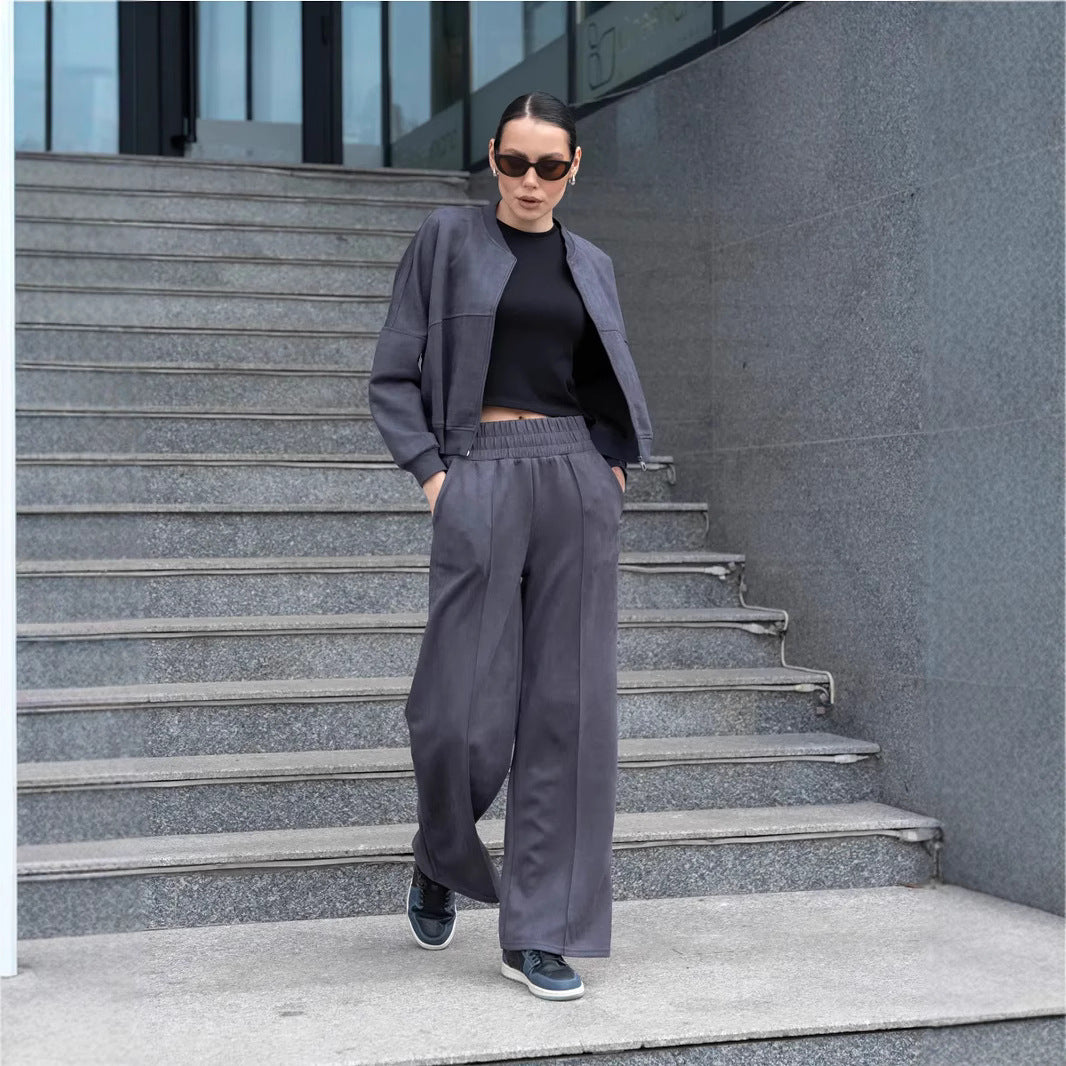 Damen nan zweiteiliges Velours-Loungewear-Set mit kurzem Zip-Hoodie und weiter Highwaist-Hose Drune