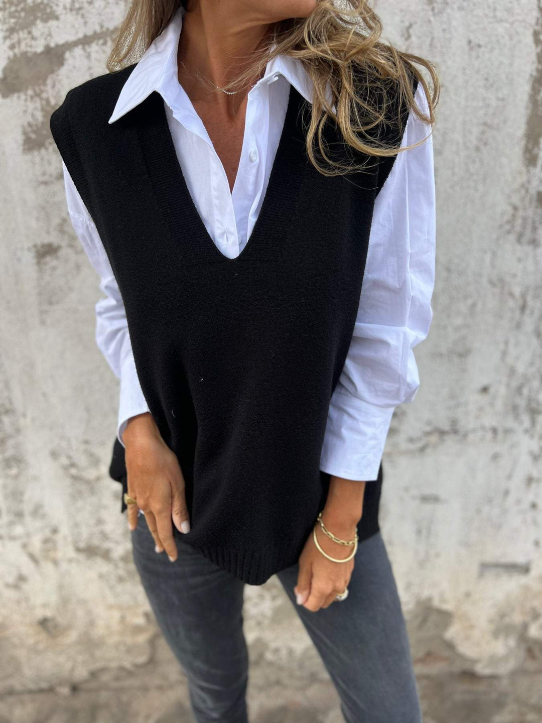 Damen lässiger Strickpullover mit V-Ausschnitt Drune