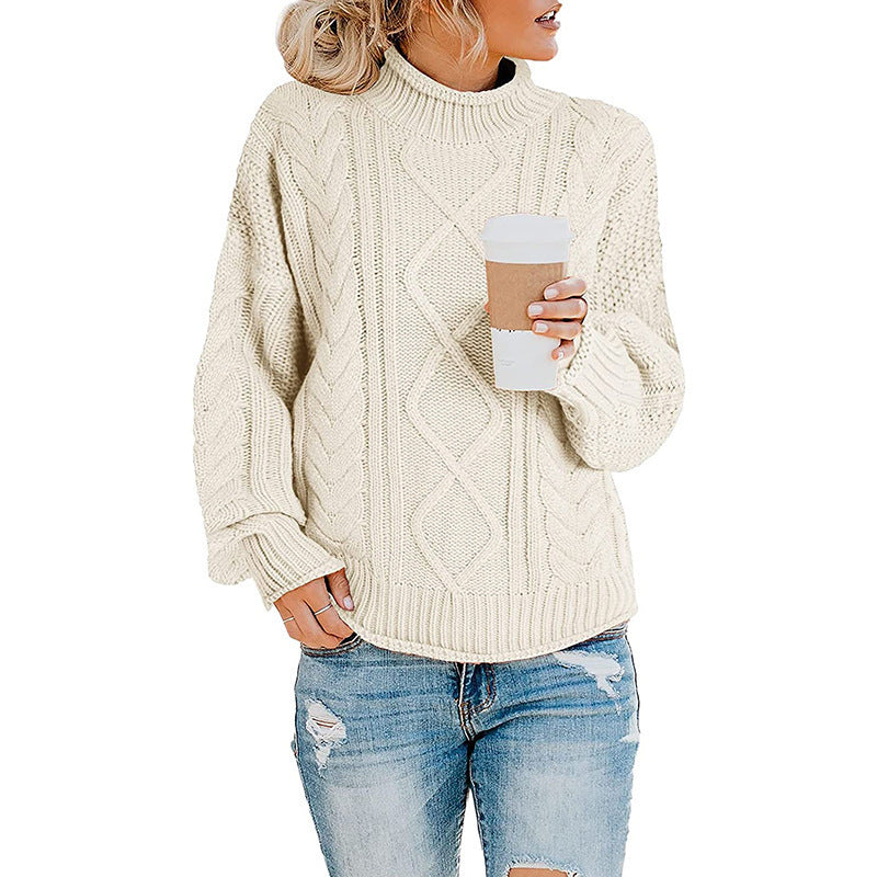 Damen Strickpullover mit hohem Kragen und dekorativem Zopfmuster Drune