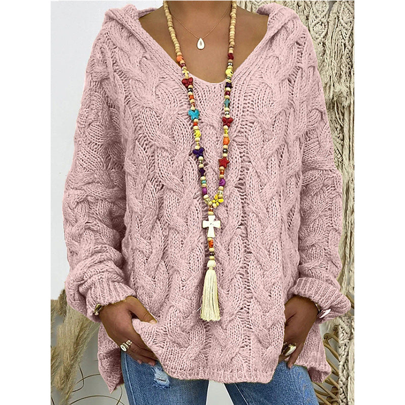 Damen Hoody aus Grobstrick mit V-Ausschnitt und dekorativem Kordelzug Drune