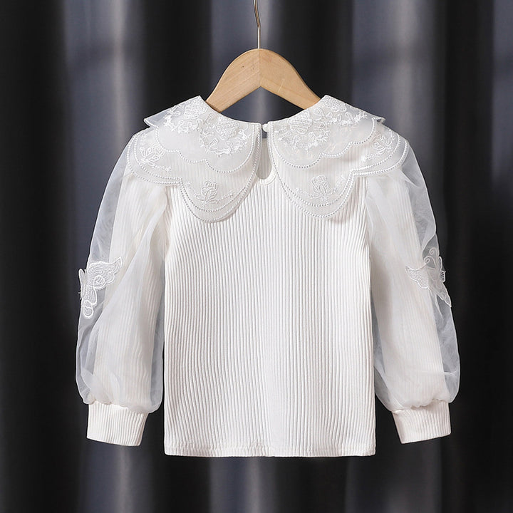 Mädchen modische Bluse mit eleganten Tüllärmeln und kunstvoller Spitzenverzierung Drune
