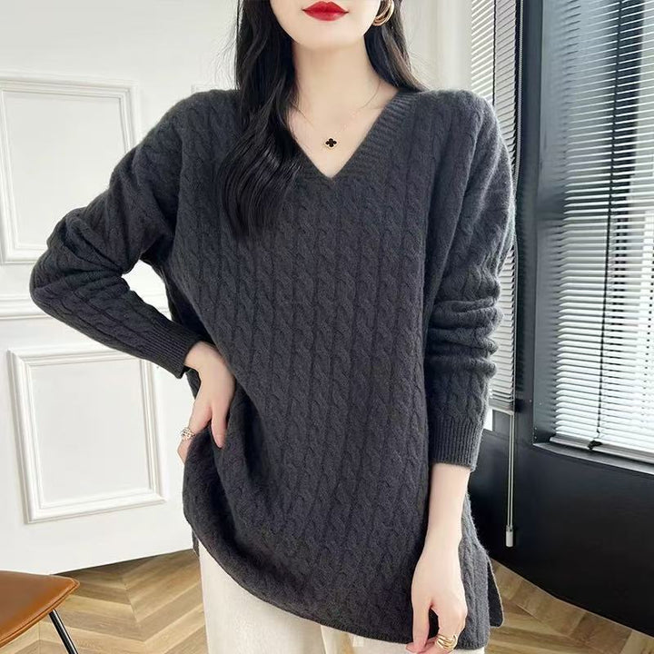 Damen Grobstrickpullover mit V-Ausschnitt und lässigem Schnitt Drune