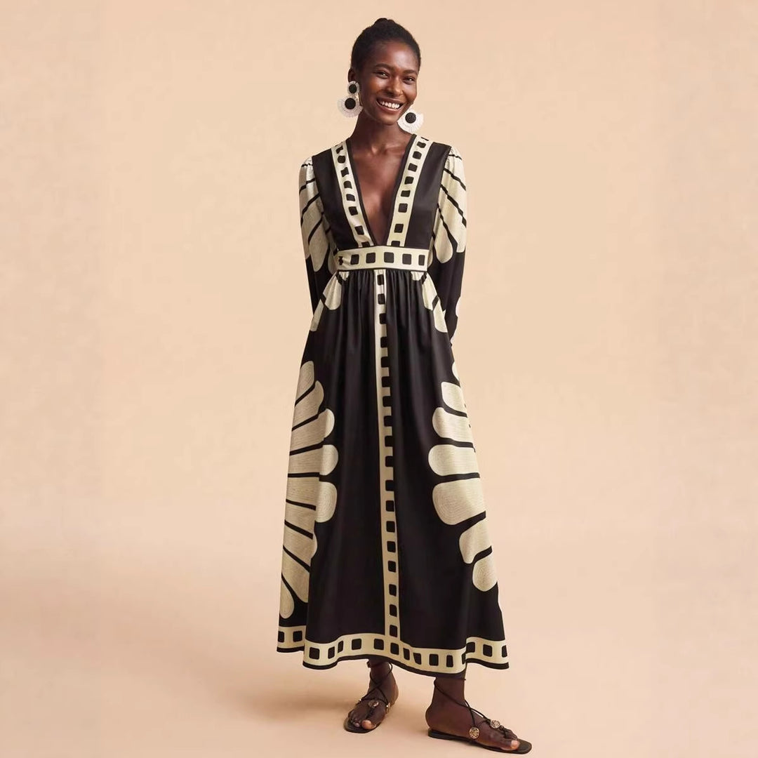 Damen Maxi-Kleid mit tiefem V-Ausschnitt und extravaganten Ärmel-Designs Drune