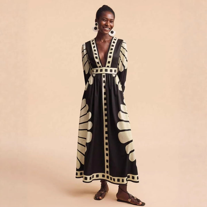 Damen Maxi-Kleid mit tiefem V-Ausschnitt und extravaganten Ärmel-Designs Drune