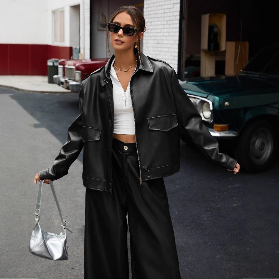 Damen modische Kunstlederjacke im Oversized-Stil Drune