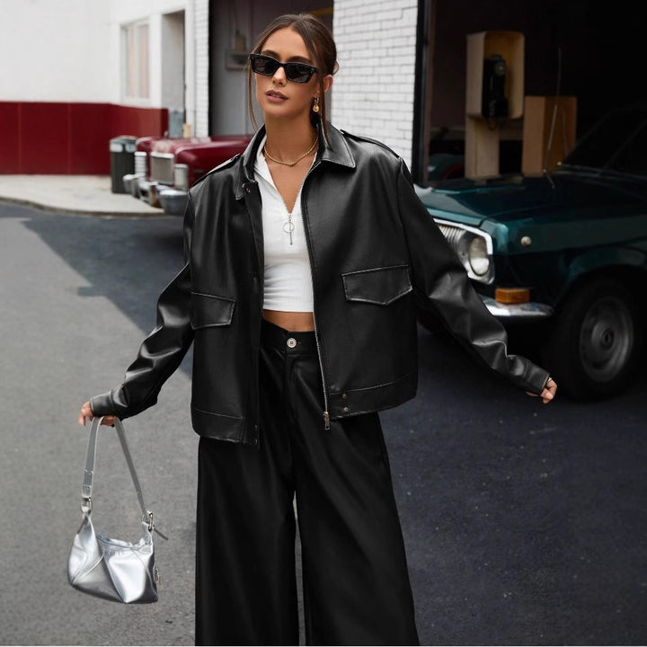 Damen modische Kunstlederjacke im Oversized-Stil Drune