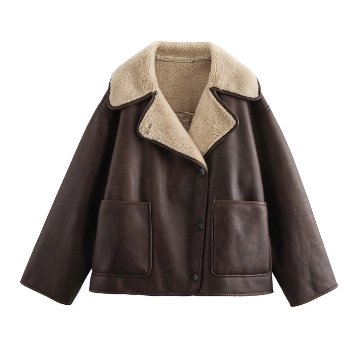 Damen Kunstlederjacke mit weichem Kragen und praktischen Taschen Drune