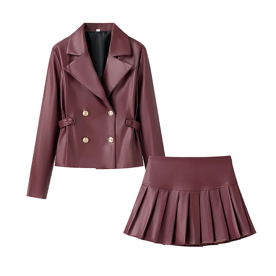 Damen modisches Kunstleder Blazer- und Rock-Set Drune