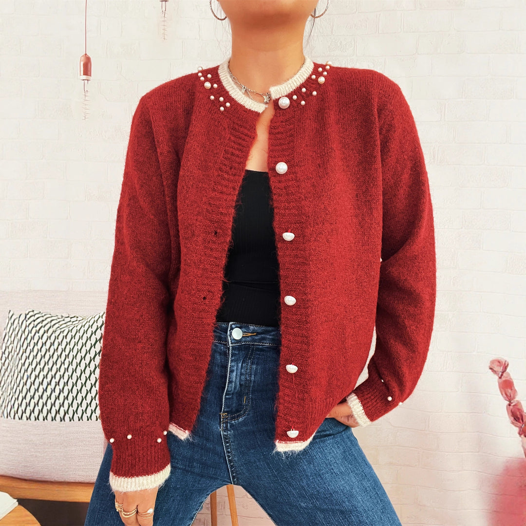 Damen edle Strickjacke mit dekorativen Knopfdetails und Perlenverzierungen Drune