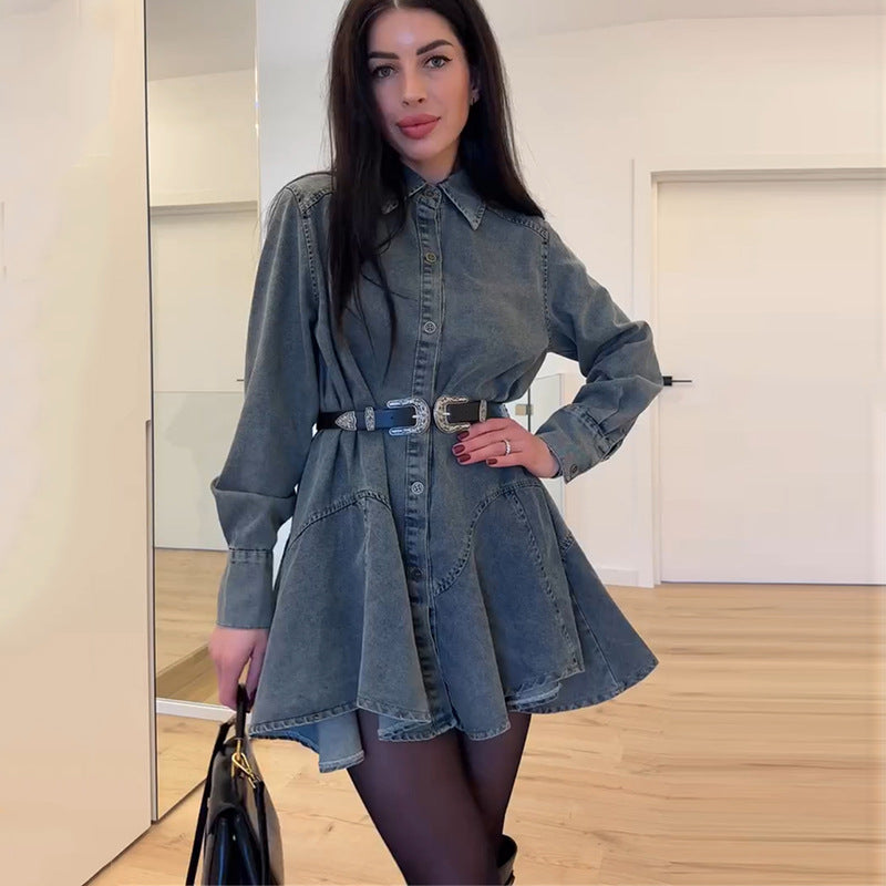Damen Denim Knopfkleid mit tailliertem Schnitt und Gürtel Drune