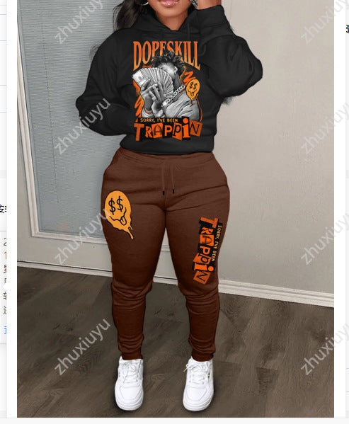 Damen Hoodie und Jogginghose Set mit kreativem Grafikdruck Drune