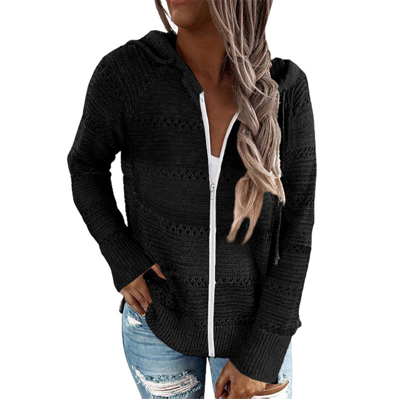 Damen lässige Strickjacke mit Kapuze und dekorativem Lochmuster Drune