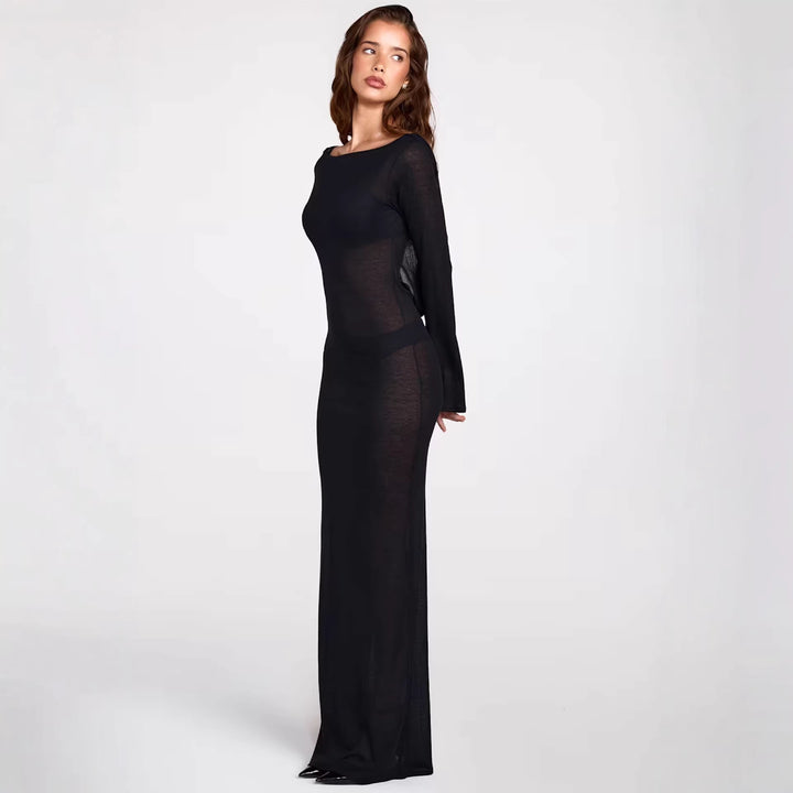 Damen elegantes langärmliges Maxikleid aus transparentem Stoff mit figurbetontem Schnitt Drune