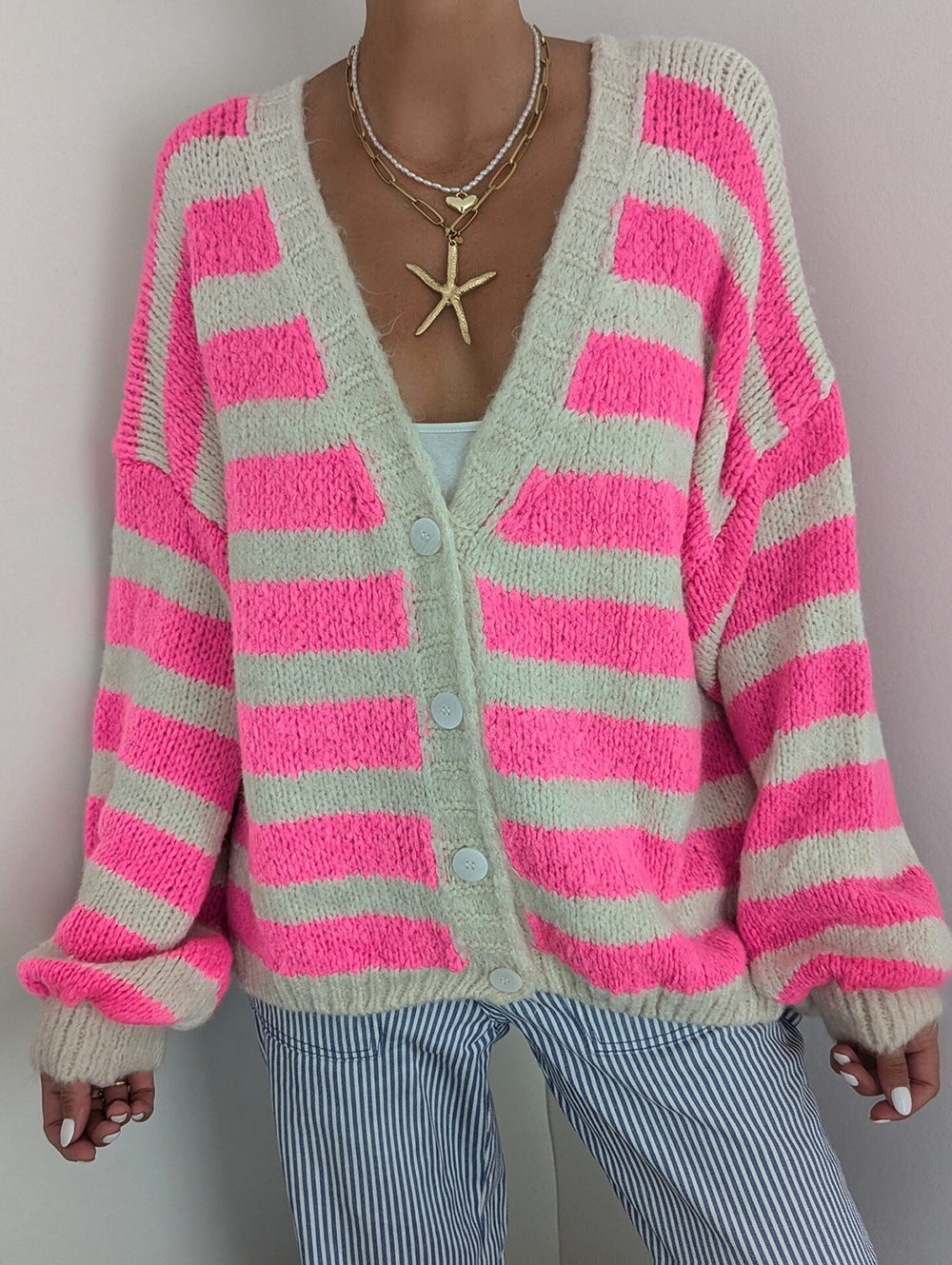 Damen lässiger Strickcardigan mit einzigartigem Streifenmuster Drune