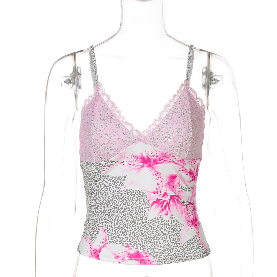 Damen Spaghettiträger Top mit Blumenmuster und Spitze Drune