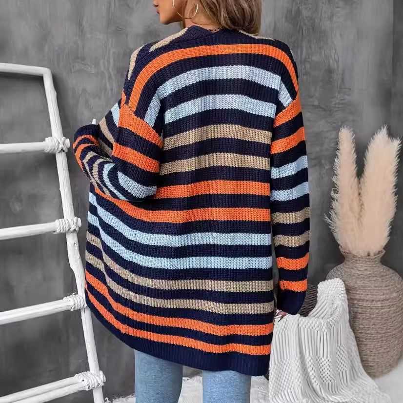 Damen Lässige Strickjacke mit farbenfrohem Streifenmuster Drune