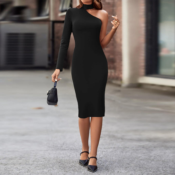 Damen figurbetontes asymmetrisches Midi-Kleid mit Langarm und schickem Stehkragen Drune