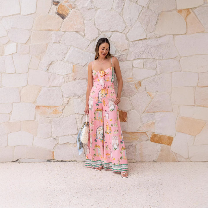Damen langes Sommerkleid mit verspieltem Dekolleté und buntem Muster Drune