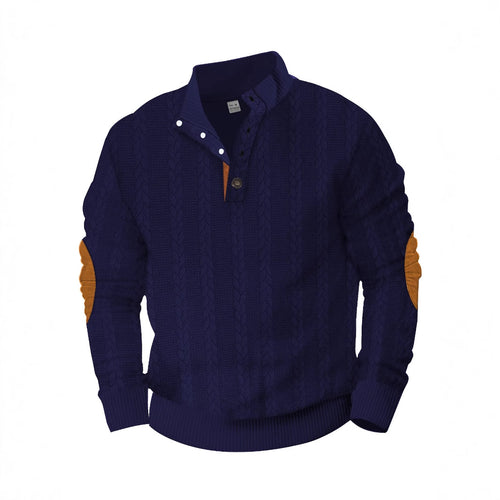 Herren nan Zopfmuster-Halbknopf-Pullover mit hohem Stehkragen und Wildleder-Ellbogenpatches Drune