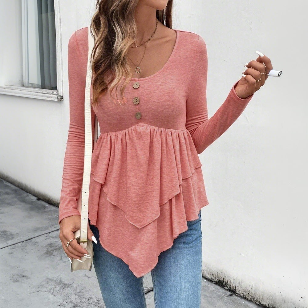 Damen Langarm-Blusenshirt mit Rüschendetails und Knopfleiste Drune