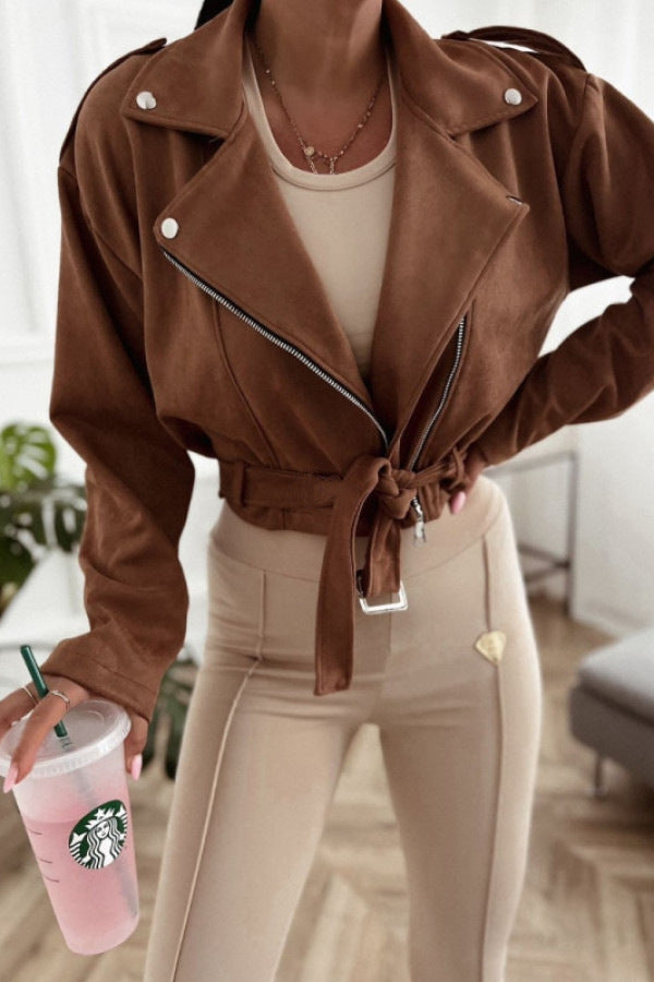 Damen Bikerjacke aus hochwertigem Wildlederimitat mit tailliertem Schnitt und seitlichen Reißverschlüssen Drune