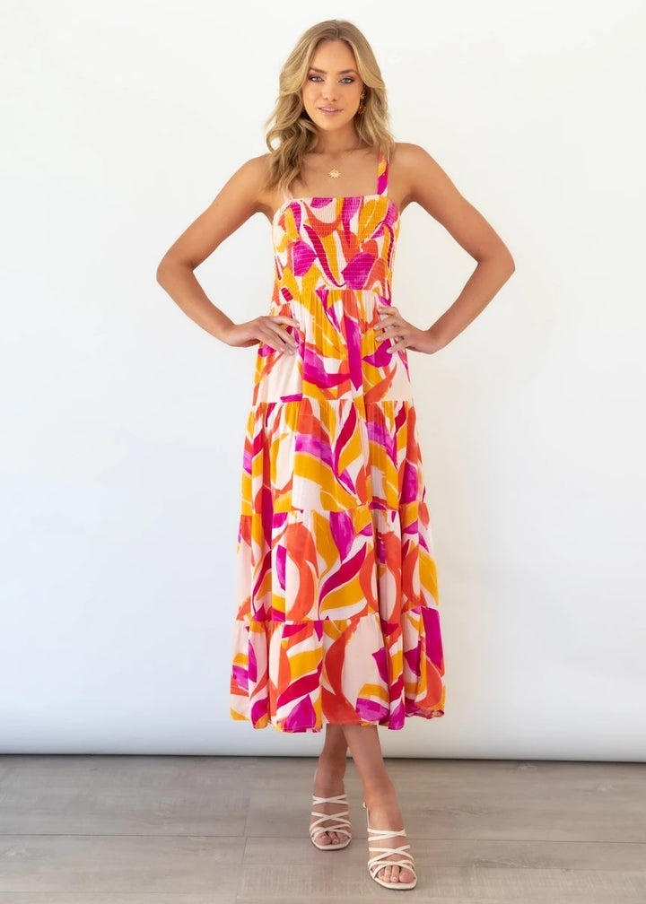 Damen Boho-inspiriertes Maxikleid mit buntem Blütenmuster und elastischem Oberteil Drune