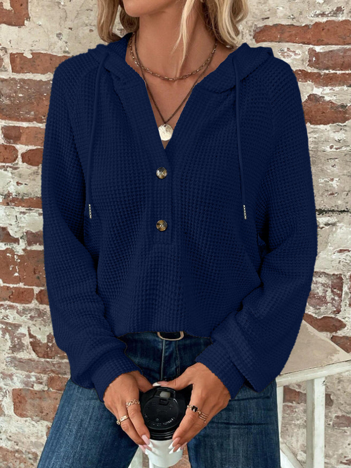 Damen cropped Kapuzenpullover mit strukturiertem Stoff und dekorativen Knöpfen Drune