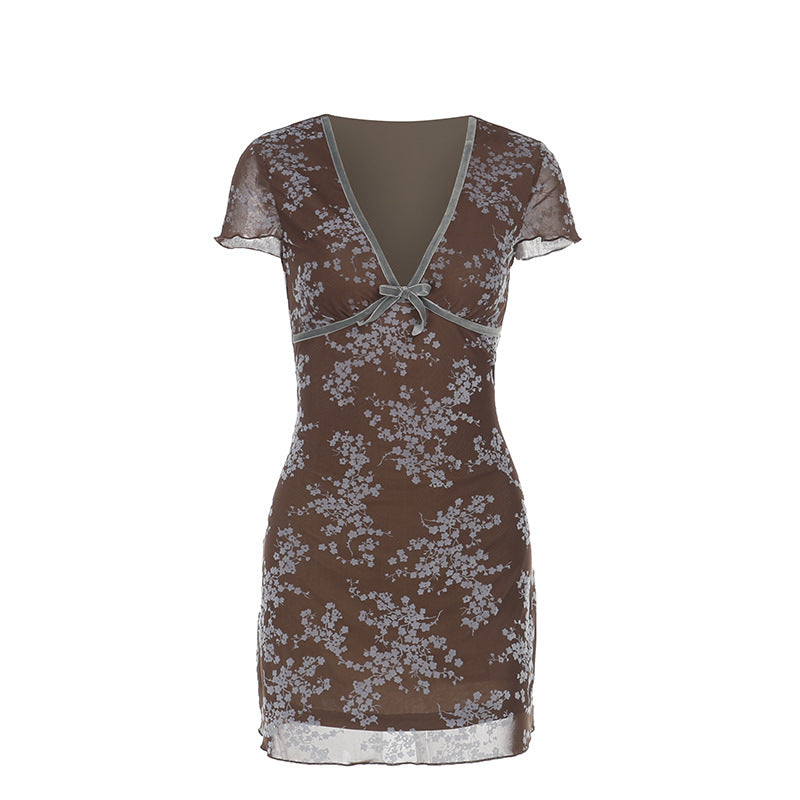 Damen sexy Mini-Kleid mit floralem Spitzenmuster und tiefem V-Ausschnitt Drune