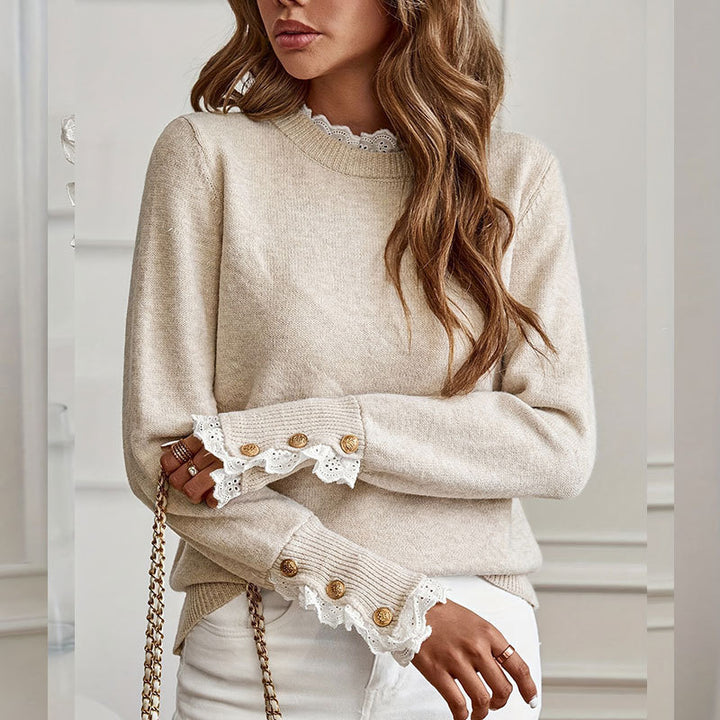 Damen Strickpullover mit eleganten Rüschendetails und Knopfverzierung Drune