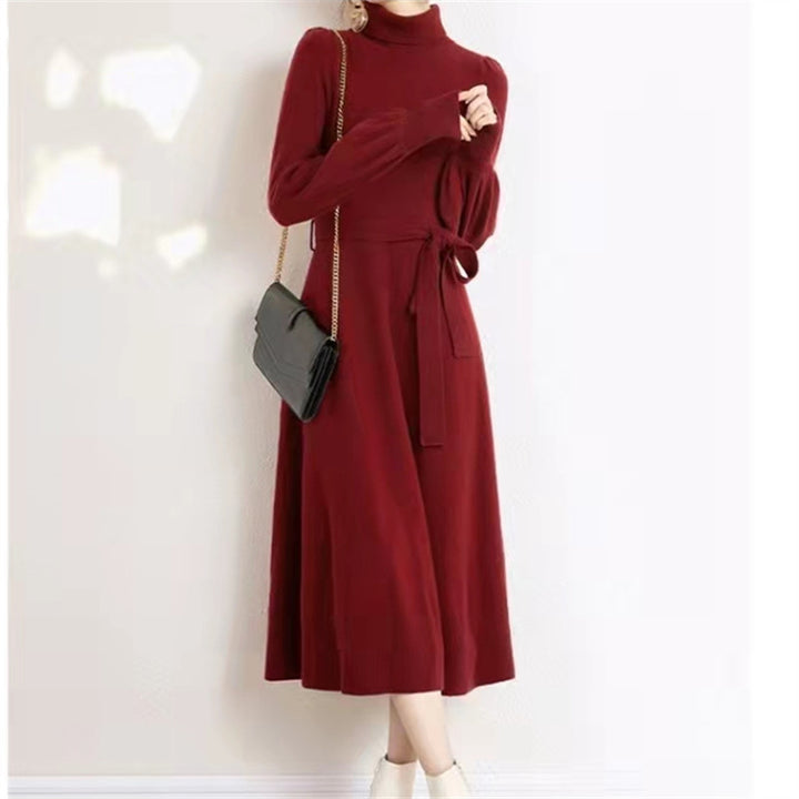 Damen Strickkleid mit hohem Kragen und Taillengürtel Drune