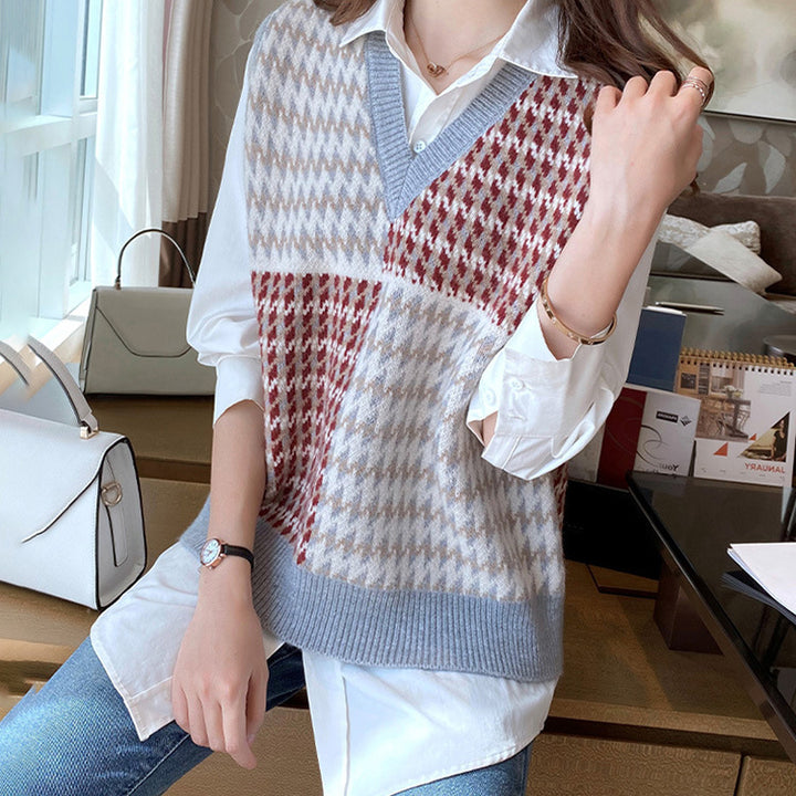 Damen Stylischer V-Neck Strickpullover im Farbblockdesign Drune
