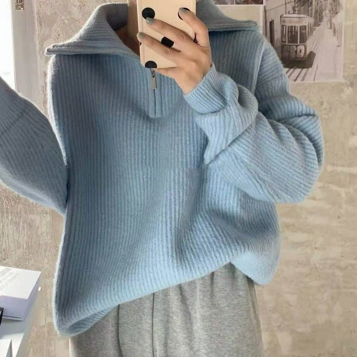 Damen Strickpullover mit hohem Kragen und halbem Reißverschluss Drune