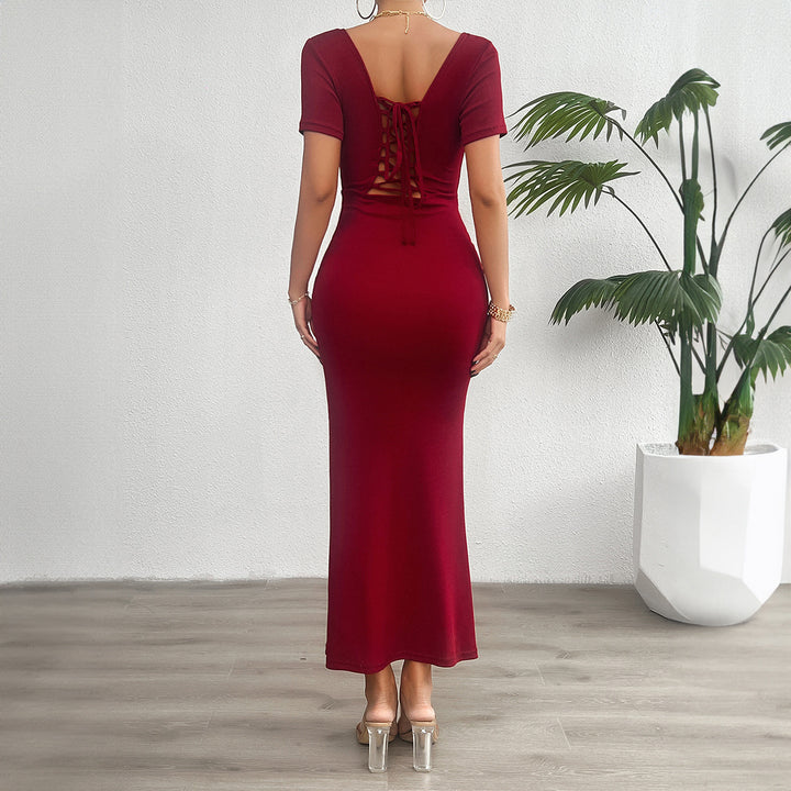 Damen figurbetontes Maxikleid mit quadratischem Ausschnitt und kurzen Ärmeln Drune