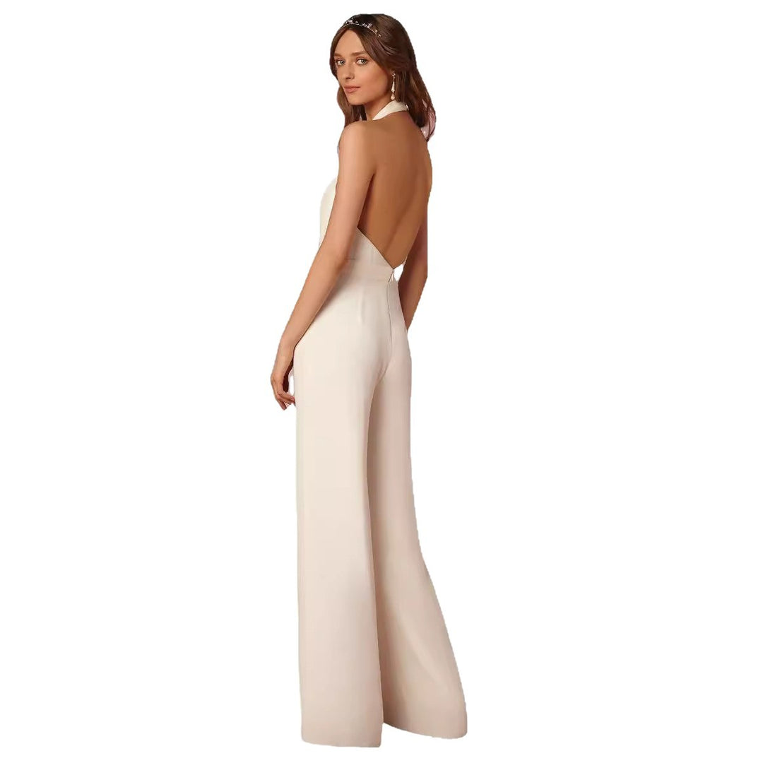 Damen eleganter Jumpsuit mit tiefem V-Ausschnitt und weiterbeiniger Silhouette Drune