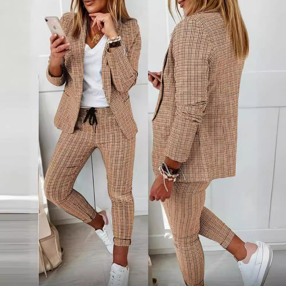 Damen nan zweiteiliges Karomuster Business-Casual Blazer-Set mit elastischer Bundhose Drune