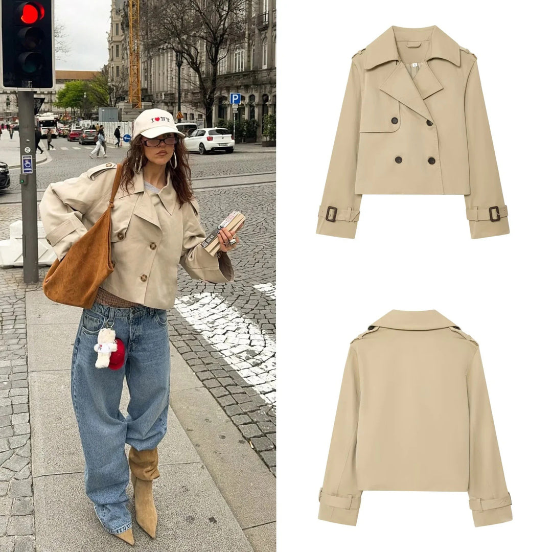 Damen modische Kurztrenchjacke mit doppelter Knopfreihe und Gürtel Drune