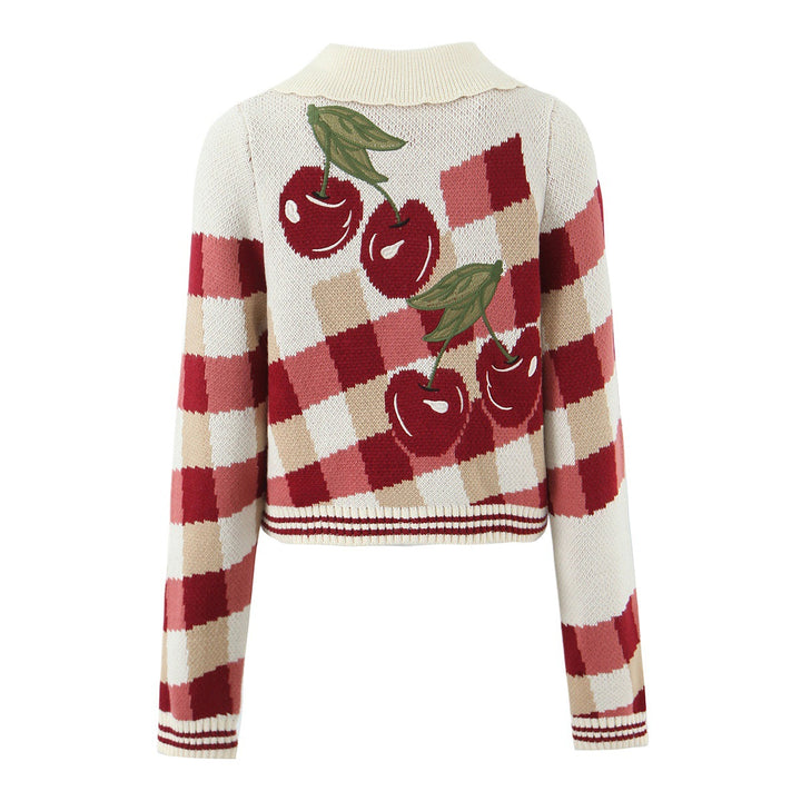 Damen verspielte Cropped Strickjacke mit floralem Kirschmuster Drune