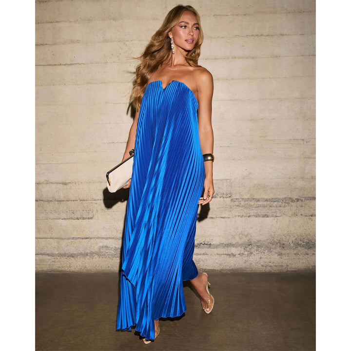 Damen Maxikleid mit plissiertem Oberteil und elegantem V-Ausschnitt Drune