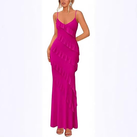 Damen Maxikleid mit Rüschen und Spaghettiträgern Drune