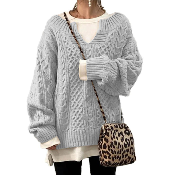 Damen nan weit geschnittener Strickpullover mit Zopfmuster und V-Ausschnitt Drune