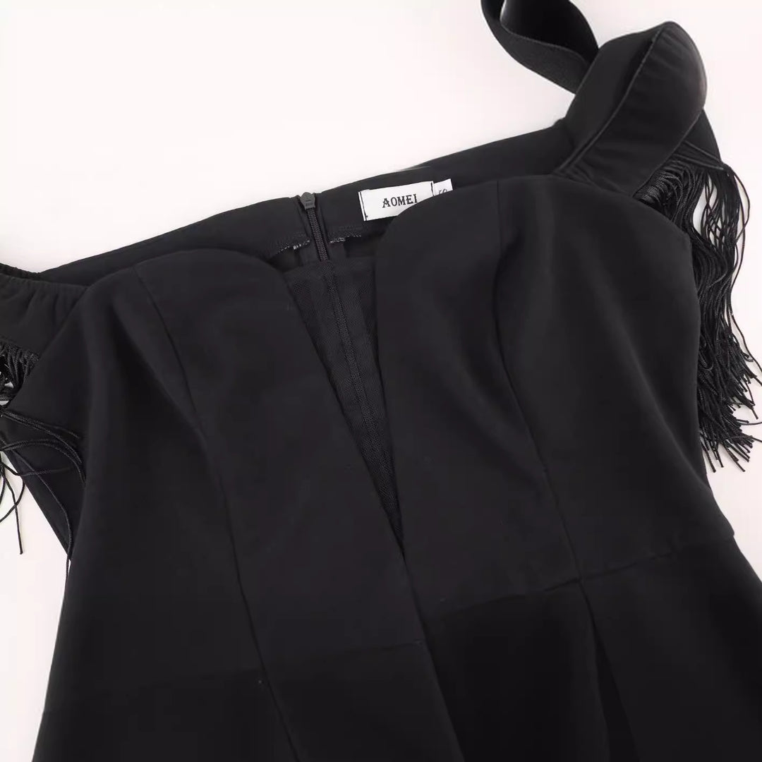 Damen elegantes Cocktailkleid mit Off-Shoulder Design und fransigen Ärmeln Drune