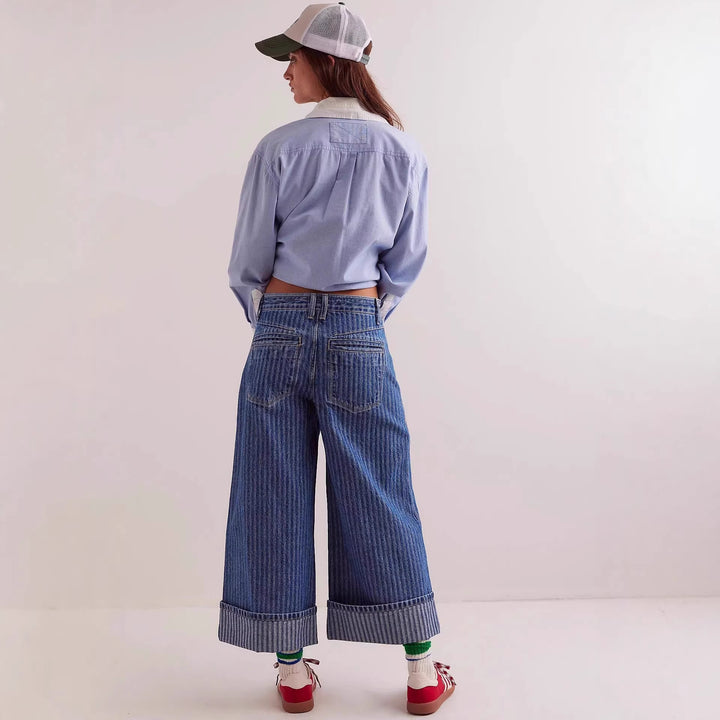 Damen Elegante weit geschnittene Jeans mit aufgenähten Streifen Drune