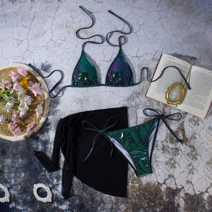 Damen Glänzender Triangel-Bikini mit Wickelrock Drune