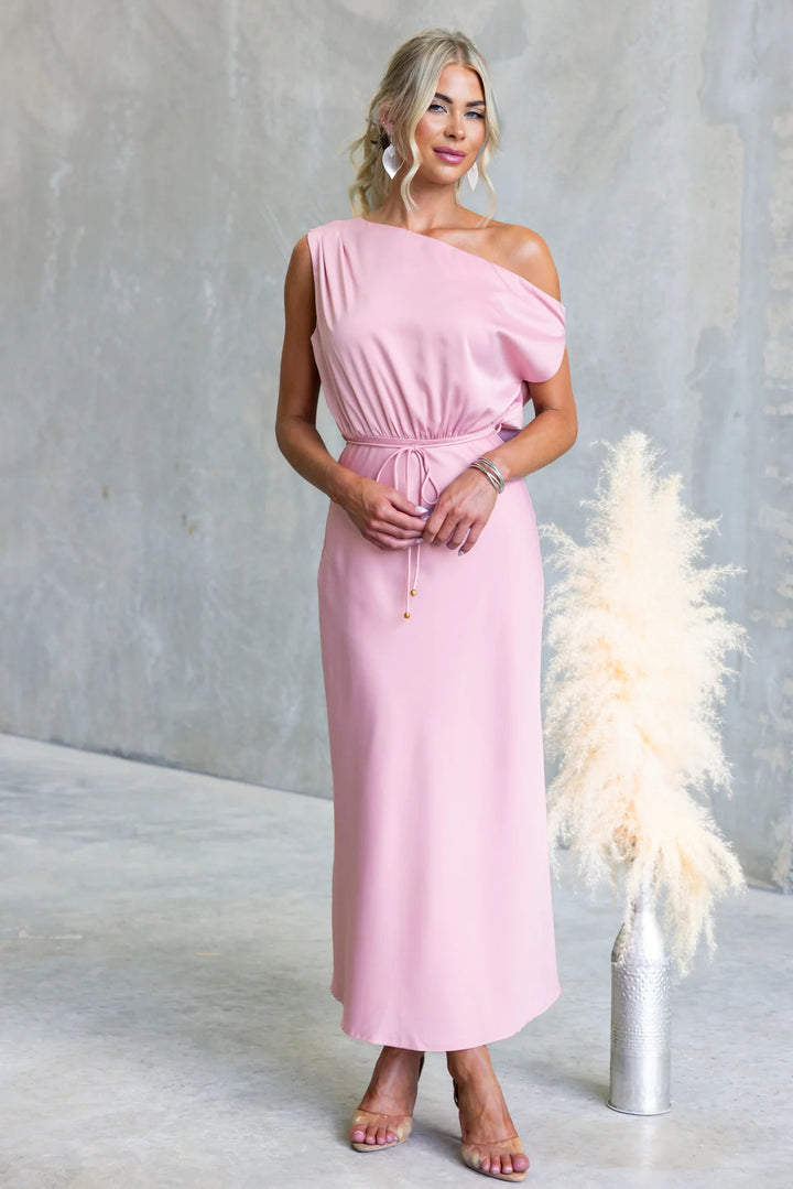 Damen Maxi-Kleid mit schulterfreiem Design und elastischem Taillenbund Drune