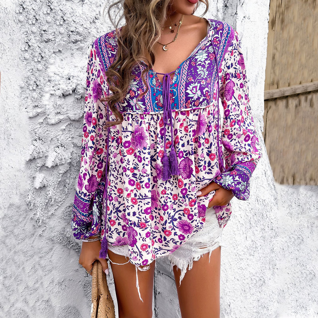 Damen Blumiges Tunika-Oberteil mit zarter Stickerei und fransenverzierter Kordel Drune