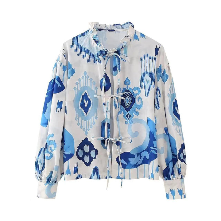 Damen Modische halbärmelige Bluse mit voluminösen Ärmeln Drune