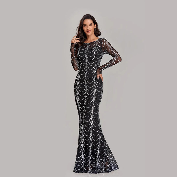 Damen Figurbetontes Abendkleid mit transparenten Ärmeln und Paillettenverzierung Drune