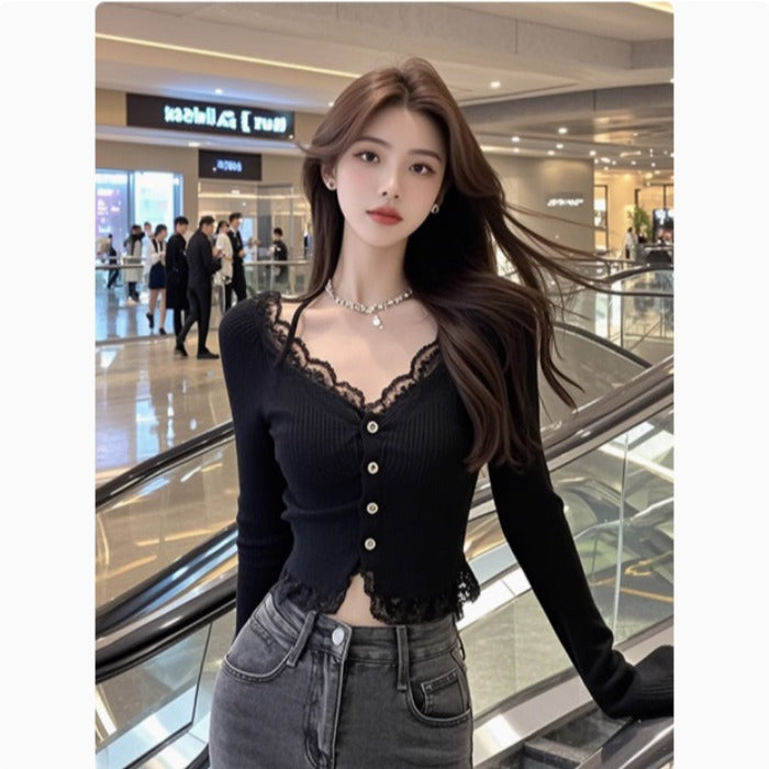 Damen elegantes Langarmshirt mit Spitzenbesatz Drune