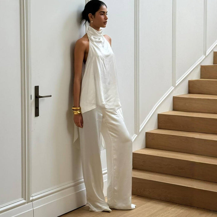 Damen elegantes satinierter Einteiler mit asymmetrischem Schnitt Drune