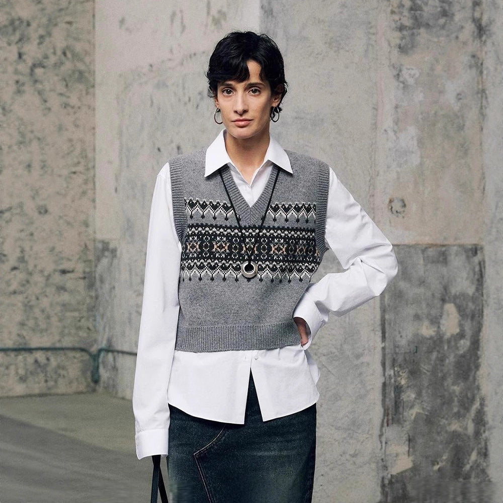 Damen modischer Strickpullover mit V-Ausschnitt und geometrischem Muster Drune